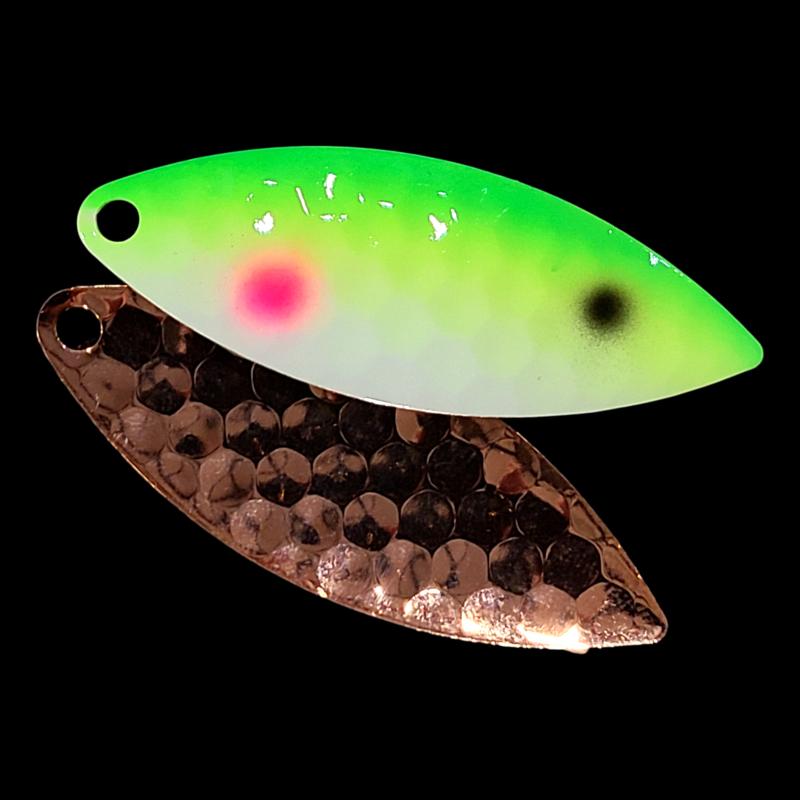 Bago Lures Yellowtail Walleye Whisperer Willowleaf Spinner Blade with copper back.