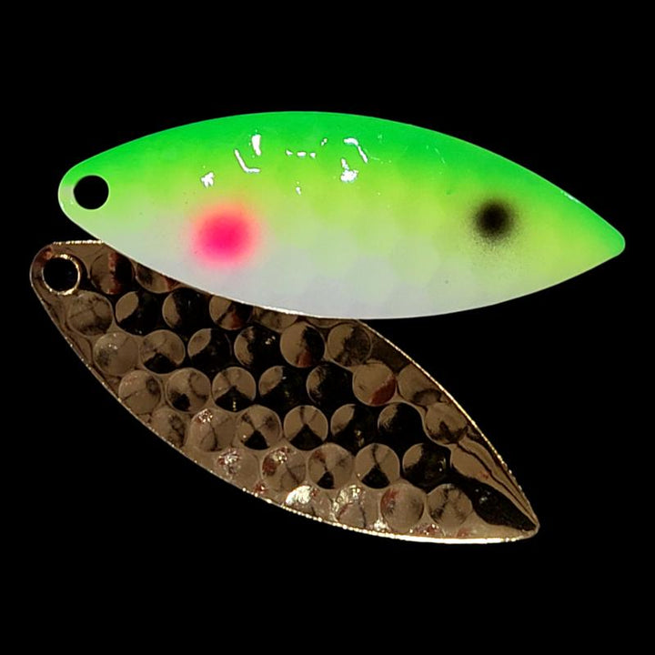 Bago Lures Yellowtail Walleye Whisperer Willowleaf Spinner Blade with gold back.