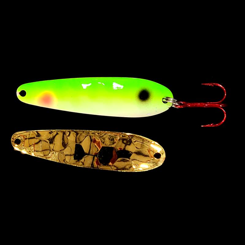 Bago Lures Yellowtail Walleye Whisperer Flutter Spoon with gold back.